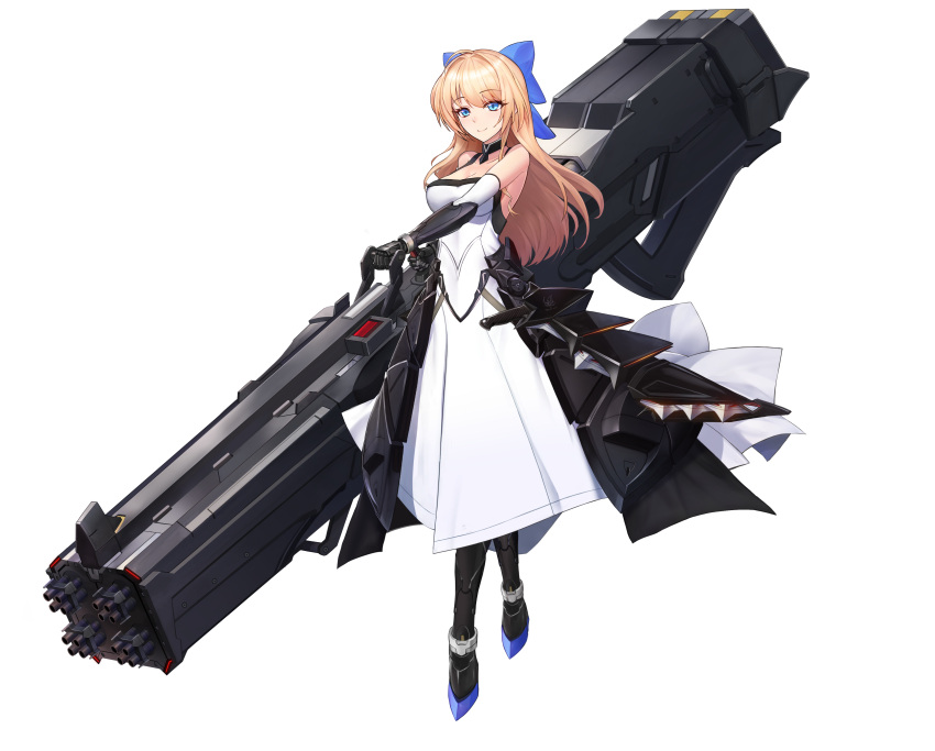 1girl absurdres armor armored_dress bangs bare_shoulders blonde_hair blue_bow blue_eyes blush boots bow breasts choker crossed_legs dress elbow_gloves gauntlets gloves hair_between_eyes hair_bow highres holding holding_weapon large_breasts legs_crossed long_hair looking_at_viewer mecha_musume morichika_shuuto original sidelocks simple_background smile solo watson_cross weapon white_background