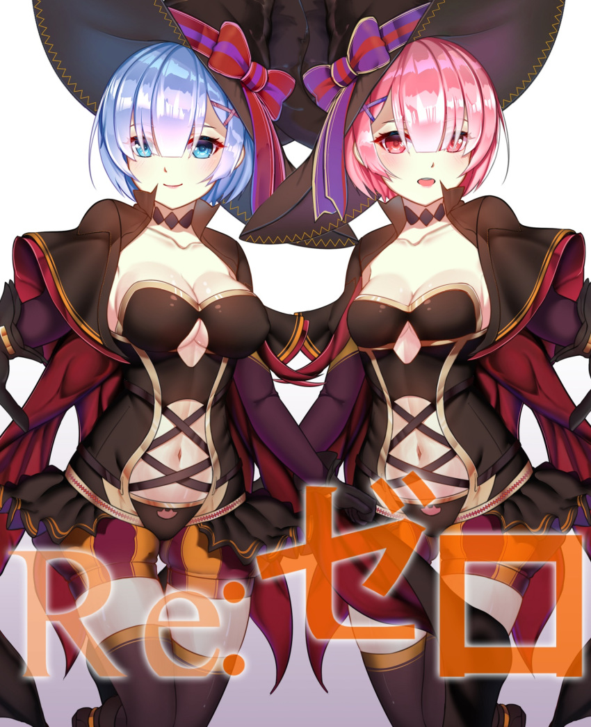 2girls black_capelet black_choker black_gloves black_legwear blue_hair blue_ribbon blush bow breasts capelet cat_cutout choker cleavage closed_mouth collarbone copyright_name eyebrows_visible_through_hair gloves gradient gradient_background hair_ornament hair_over_one_eye hair_ribbon halloween_costume hat hat_bow highres kaiend looking_at_viewer medium_breasts multiple_girls navel open_mouth pink_eyes pink_hair pink_ribbon purple_bow ram_(re:zero) re:zero_kara_hajimeru_isekai_seikatsu red_bow rem_(re:zero) revealing_clothes ribbon short_hair siblings sisters smile thigh-highs twins underboob_cutout witch_hat x_hair_ornament