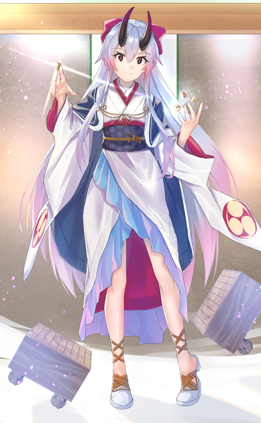 1girl bangs between_fingers blush bow closed_mouth fate/grand_order fate_(series) fingernails full_body gradient_hair hair_between_eyes hair_bow hands_up head_tilt highres holding horns japanese_clothes kimono long_hair long_sleeves looking_at_viewer multicolored_hair obi oni oni_horns red_bow redhead sash shoes shougi_piece silver_hair smile solo standing tapioka_(oekakitapioka) tomoe_gozen_(fate/grand_order) very_long_hair white_footwear white_kimono wide_sleeves