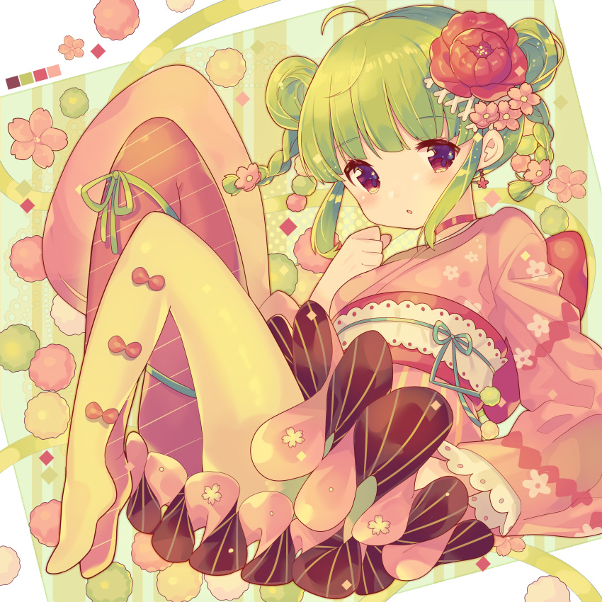 1girl :o absurdres ahoge bangs blush bow braid breasts commentary_request double_bun eyebrows_visible_through_hair flower full_body green_background green_hair hair_flower hair_ornament hand_up highres ikari_(aor3507) japanese_clothes kimono kimono_skirt knees_up long_sleeves looking_at_viewer mismatched_legwear no_shoes obi original panties parted_lips pink_flower pink_kimono red_bow red_eyes red_flower red_legwear sash side_bun sidelocks small_breasts solo twin_braids two-tone_background underwear white_background yellow_legwear