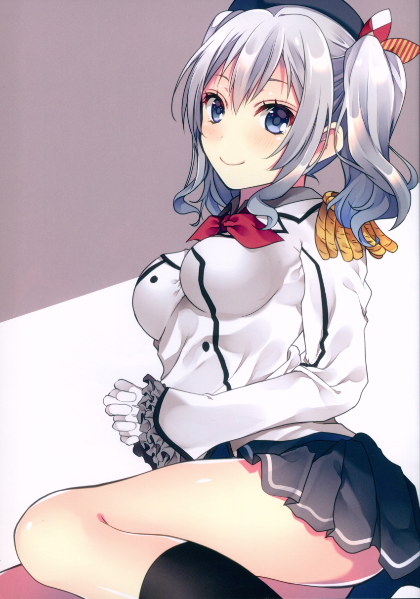 1girl absurdres beret blush breasts buttons epaulettes frilled_sleeves frills gloves grey_eyes hat highres huge_filesize jacket kantai_collection kashima_(kantai_collection) kerchief medium_breasts military military_uniform miniskirt neckerchief pleated_skirt scan shiomizu_(swat) silver_hair sitting skirt smile solo twintails uniform wavy_hair white_gloves