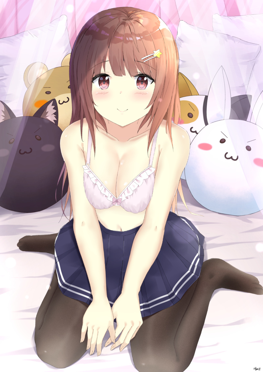 1girl 7_calpis_7 bed_sheet blue_skirt blush bow bow_bra bra breasts brown_hair brown_legwear cleavage closed_mouth collarbone commentary_request fingernails hair_ornament hairclip hands_together highres long_hair medium_breasts navel no_shoes original own_hands_together pantyhose pillow pink_bra pleated_skirt red_eyes signature sitting skirt smile solo star star_hair_ornament stuffed_animal stuffed_bunny stuffed_cat stuffed_toy underwear v_arms very_long_hair wariza