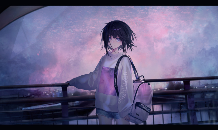 1girl backpack bag black_hair blue_eyes blue_shorts canal cityscape closed_mouth clothes_writing commentary_request cowboy_shot cutoffs dusk grey_shirt haizome_senri highres letterboxed long_sleeves looking_at_viewer original outdoors railing shirt short_hair short_shorts shorts sidelocks smile solo standing wide_shot