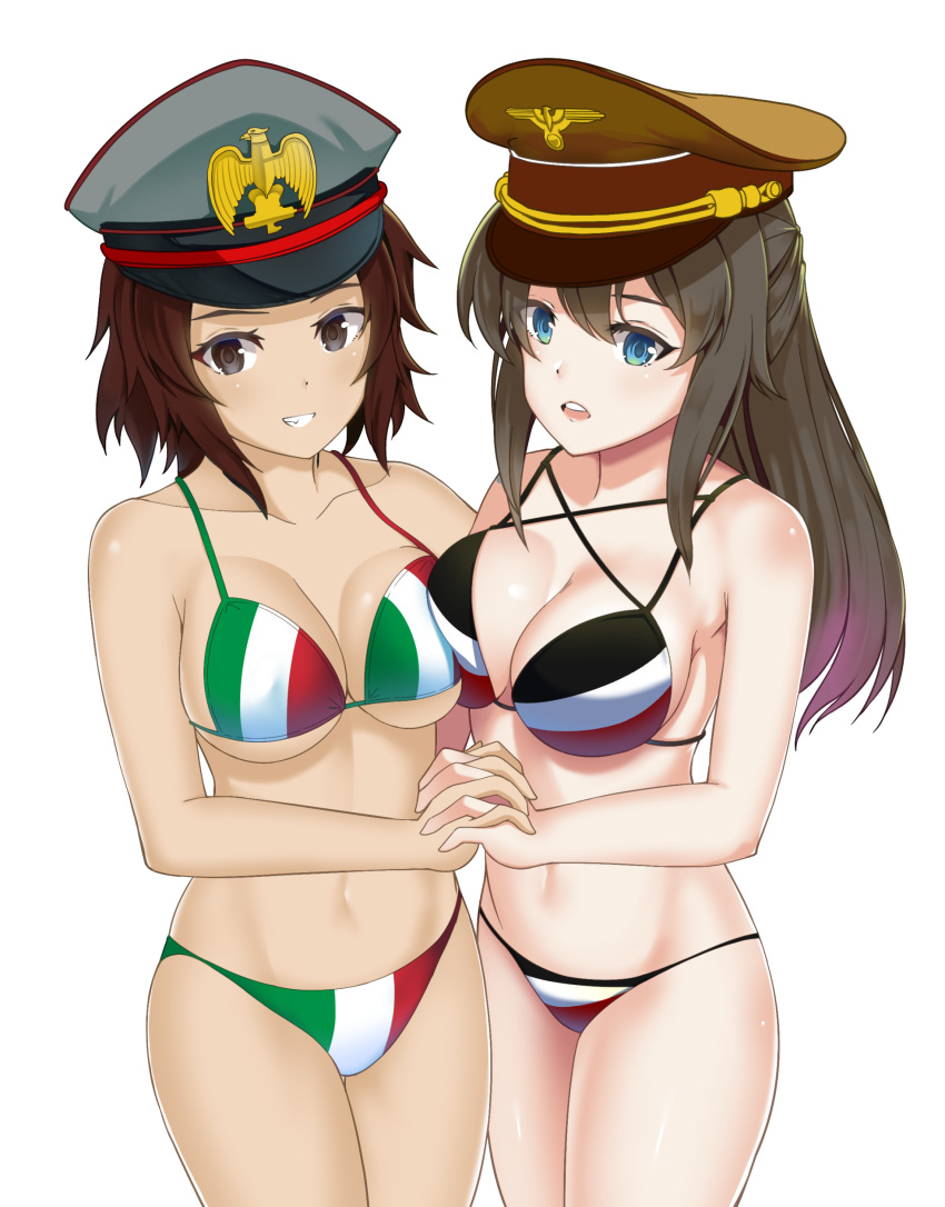 2girls absurdres adolf_hitler artist_request bangs benito_mussolini bikini black_hair blue_eyes breast_pocket breast_press breasts brown_eyes brown_hair cowboy_shot eyes_visible_through_hair flag_print fringe_trim genderswap genderswap_(mtf) german_flag_bikini germany gold_trim hand_holding hat highres imperial_german_flag interlocked_fingers italian_flag italian_flag_bikini italy large_breasts long_hair looking_at_viewer military military_hat multiple_girls nazi open_mouth pocket real_life short_hair smile source_request standing swimsuit symmetrical_docking transparent_background world_war_ii