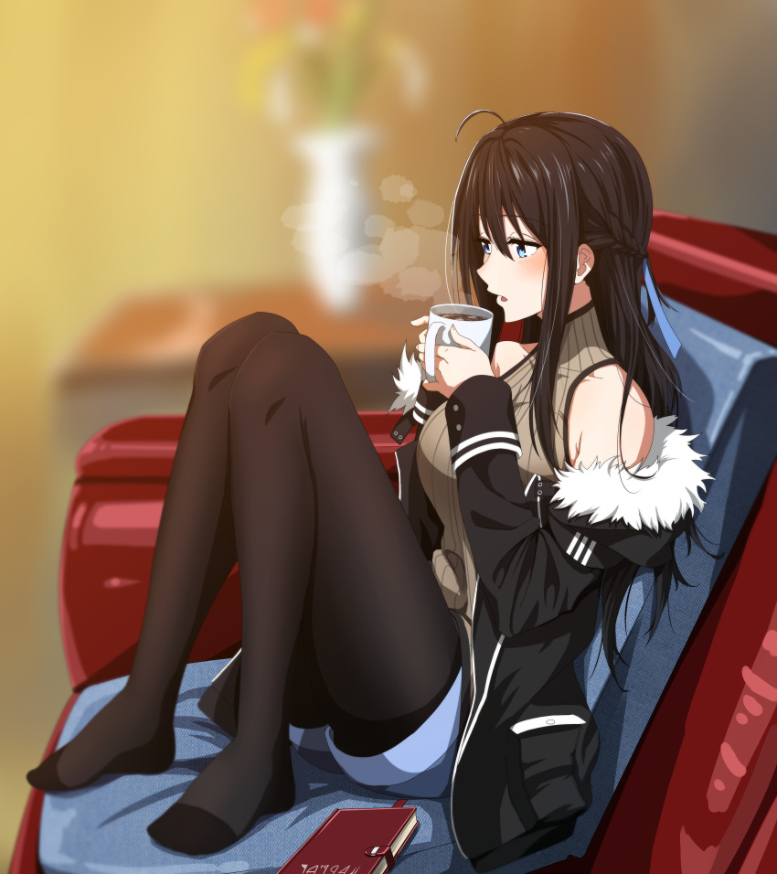 1girl absurdres ahoge anime_coloring bangs bare_shoulders bishi_(bishi) black_hair black_jacket black_legwear blowing blue_eyes blue_ribbon blue_shorts blurry blurry_background blush braid coffee coffee_mug couch cup eyebrows_visible_through_hair french_braid full_body fur-trimmed_jacket fur_trim hair_between_eyes hair_ribbon half_updo highres hood hoodie jacket legwear_under_shorts long_hair long_sleeves mug notebook on_couch open_clothes open_jacket open_mouth original pantyhose ribbed_sweater ribbon short_shorts shorts sitting sleeveless sleeveless_turtleneck solo steam sweater turtleneck turtleneck_sweater