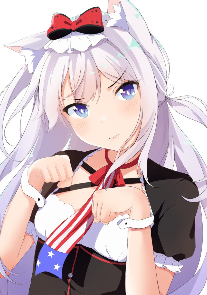 1girl animal_ears azur_lane bangs bare_shoulders blue_eyes blush bow breasts cat_ears dress eyebrows_visible_through_hair hair_bow hammann_(azur_lane) hands_up head_tilt highres long_hair looking_at_viewer neck_ribbon ponyaru puffy_short_sleeves puffy_sleeves ribbon short_sleeves silver_hair simple_background small_breasts solo very_long_hair white_background wrist_cuffs