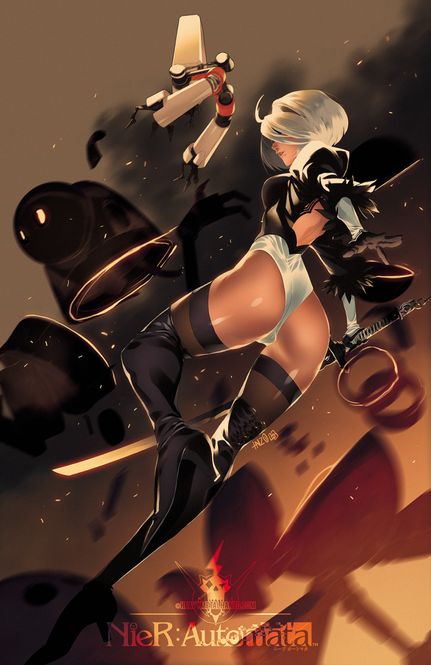 1girl ass back_cutout battle black_blindfold black_gloves black_hairband blindfold boots breasts covered_eyes drone explosion feather-trimmed_sleeves gloves grey_hair hairband high_heel_boots high_heels highleg highleg_leotard highres juliet_sleeves katana leather leather_boots leotard long_sleeves medium_breasts metalhanzo mole mole_under_mouth nier_(series) nier_automata pink_lips pod_(nier_automata) puffy_sleeves revision robot short_hair solo_focus sword thigh-highs thigh_boots thighhighs_under_boots thong_leotard vambraces virtuous_contract weapon white_leotard yorha_no._2_type_b