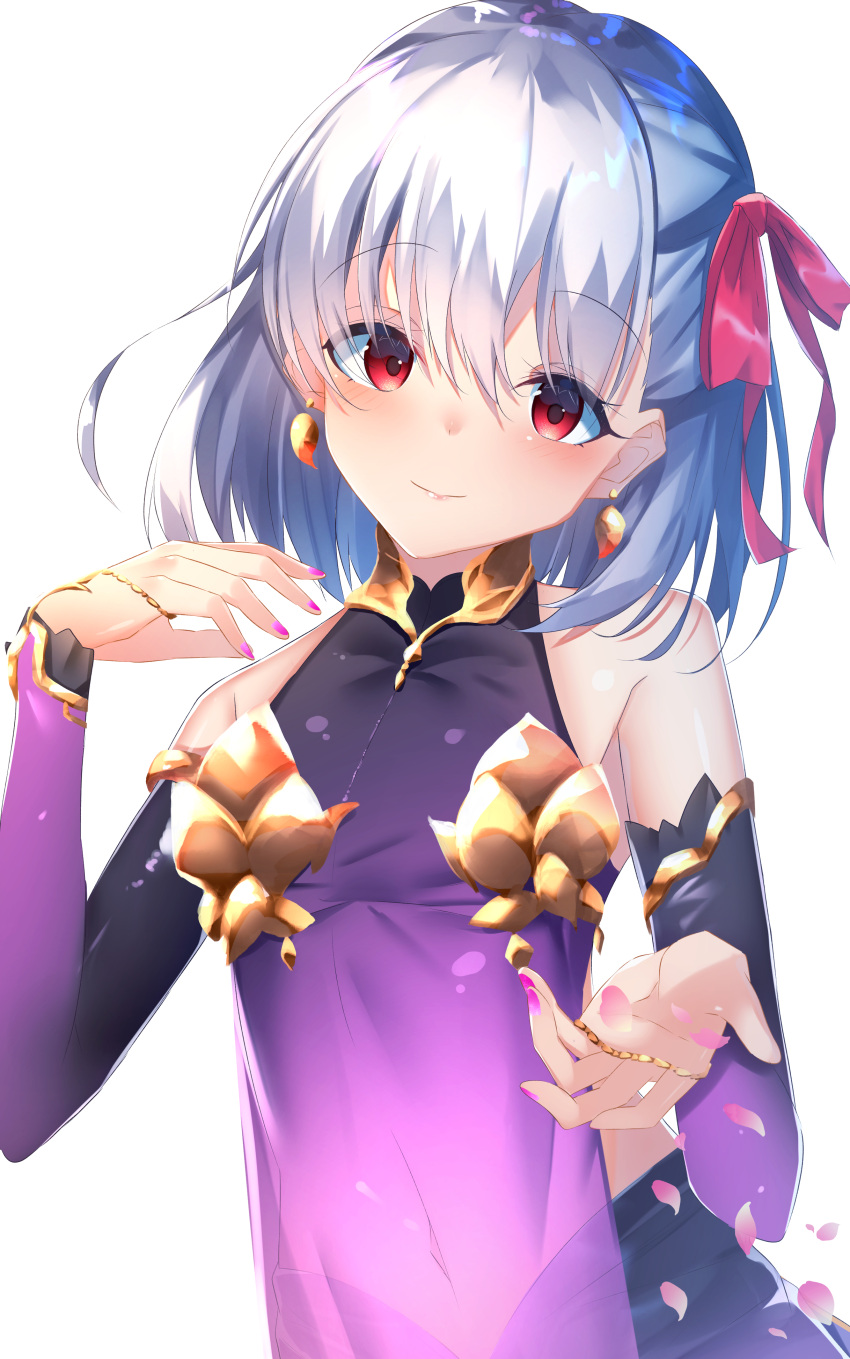 1girl absurdres bangs bare_shoulders blush bow character_request closed_mouth commentary_request detached_sleeves dress earrings eyebrows_visible_through_hair fate/grand_order fate_(series) fingernails hair_between_eyes hair_bow hands_up head_tilt highres jewelry long_sleeves nail_polish petals pink_nails purple_dress purple_sleeves red_bow red_eyes silver_hair simple_background sleeveless sleeveless_dress smile solo suisen-21 white_background