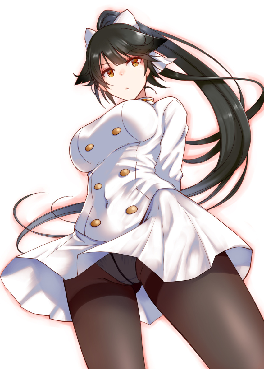 1girl animal_ears arms_behind_back azur_lane black_hair black_legwear bow breasts brown_eyes closed_mouth crotch_seam eyebrows_visible_through_hair floating_hair from_below hair_flaps high_ponytail highres large_breasts long_ponytail looking_at_viewer looking_down military military_uniform panties panties_under_pantyhose pantyhose simple_background skirt solo standing takao_(azur_lane) theta_(ponkotsu_works) thighband_pantyhose underwear uniform white_background white_bow white_panties white_skirt