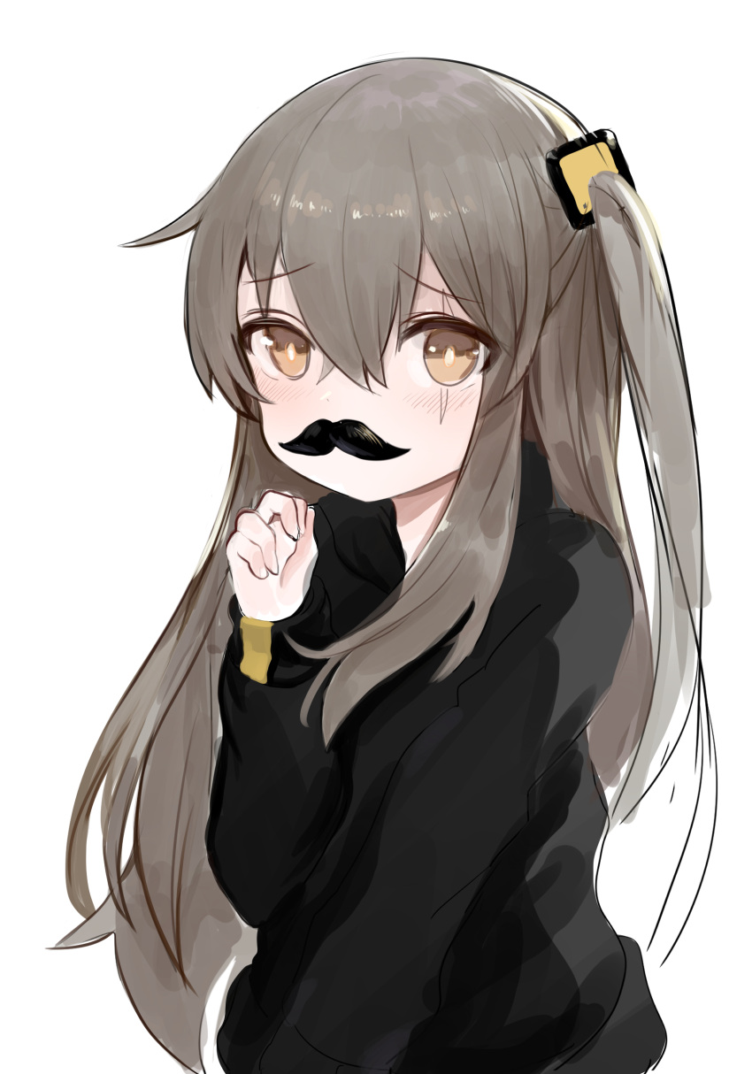 1girl absurdres bangs black_jacket blush brown_eyes brown_hair dokomon eyebrows_visible_through_hair fake_facial_hair fake_mustache girls_frontline hair_between_eyes hair_ornament hand_up highres jacket long_hair long_sleeves looking_at_viewer one_side_up scar scar_across_eye simple_background sleeves_past_wrists solo ump45_(girls_frontline) upper_body very_long_hair white_background