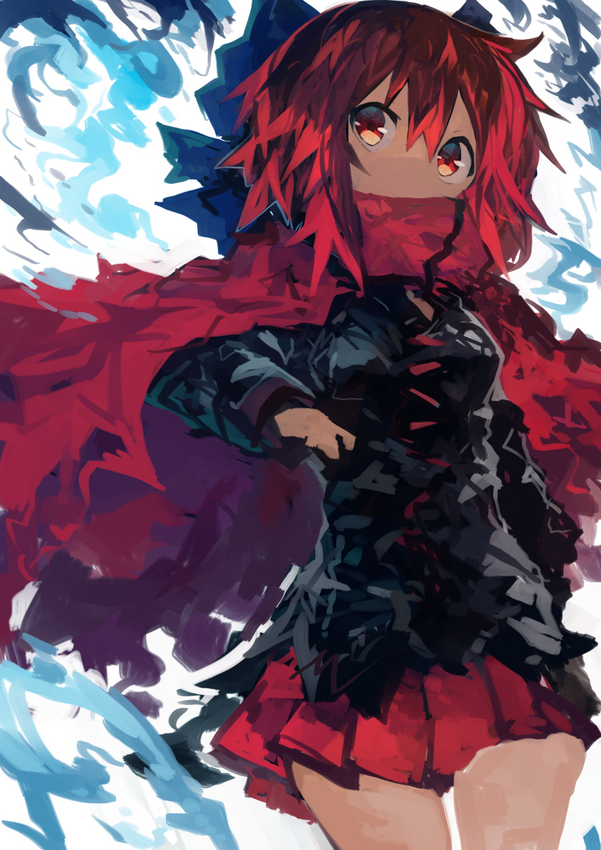 1girl absurdres black_shirt blue_bow bow cape commentary hair_bow highres kaamin_(mariarose753) long_sleeves looking_at_viewer miniskirt pleated_skirt red_cape red_eyes red_skirt redhead sekibanki shirt short_hair skirt solo touhou