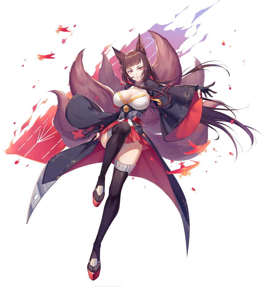 1girl aircraft airplane akagi_(azur_lane) animal_ears arm_at_side ayan azur_lane bangs blush breasts brown_hair cleavage eyebrows_visible_through_hair eyeshadow fire flight_deck floating_hair fox_ears fox_tail full_body gloves grin highres holding japanese_clothes large_breasts leg_up long_hair looking_at_viewer makeup multiple_tails outstretched_arm partly_fingerless_gloves pleated_skirt red_eyes red_skirt rudder_footwear shikigami sidelocks simple_background skirt smile tail thigh-highs white_background wide_sleeves