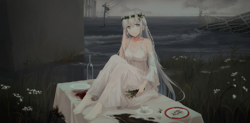 1girl bangs bare_shoulders barefoot blood bottle breasts building chihuri cleavage closed_mouth clouds cloudy_sky collarbone cup detached_sleeves dress eyebrows_visible_through_hair flower grey_eyes grey_hair hair_between_eyes head_tilt highres holding holding_flower horizon long_hair long_sleeves medium_breasts on_table original outdoors overhead_line plate saucer sitting sky sleeveless sleeveless_dress solo table teacup telephone_pole toenails very_long_hair water white_flower white_sleeves wide_sleeves