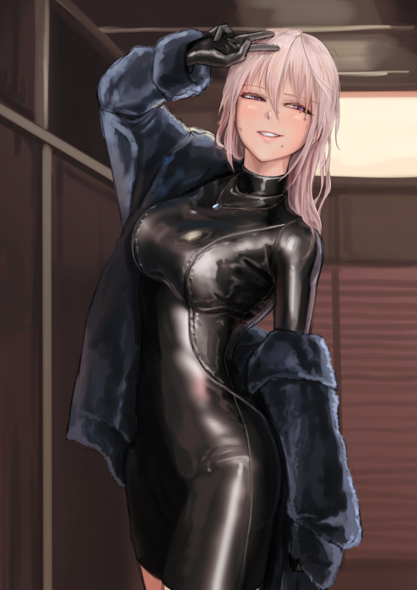 1girl arm_up bodysuit breasts coat cowboy_shot dirty_face hair_between_eyes highres indoors jewelry kilye_4421 latex long_hair long_sleeves looking_at_viewer medium_breasts necklace off_shoulder original parted_lips silver_hair skin_tight smile solo standing v violet_eyes