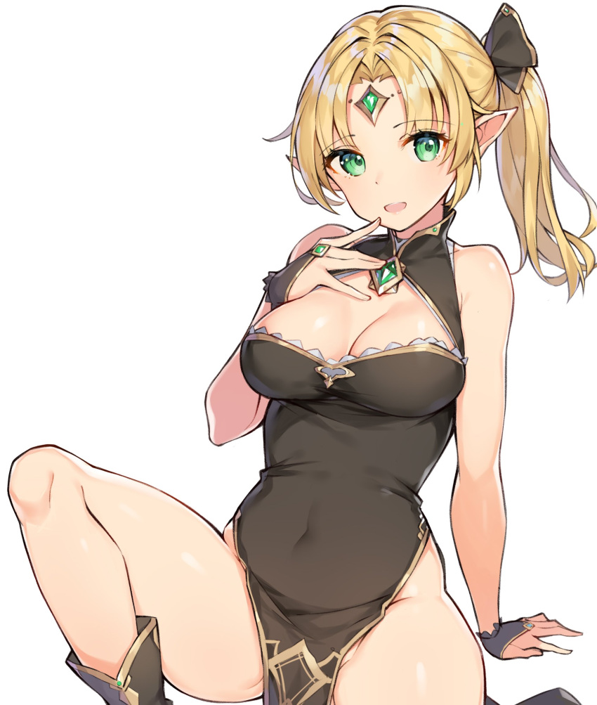 1girl :d arm_support ass bangs bare_arms bare_legs bare_shoulders black_dress black_footwear black_ribbon blonde_hair boots breasts brooch china_dress chinese_clothes cleavage copyright_request covered_navel dress elf finger_to_mouth forehead_jewel green_eyes hair_ribbon hand_up highres jewelry knee_up long_hair looking_at_viewer medium_breasts open_mouth original parted_bangs pelvic_curtain pointy_ears ponytail ribbon rikoma side_slit sidelocks simple_background sitting sleeveless sleeveless_dress smile solo thighs white_background