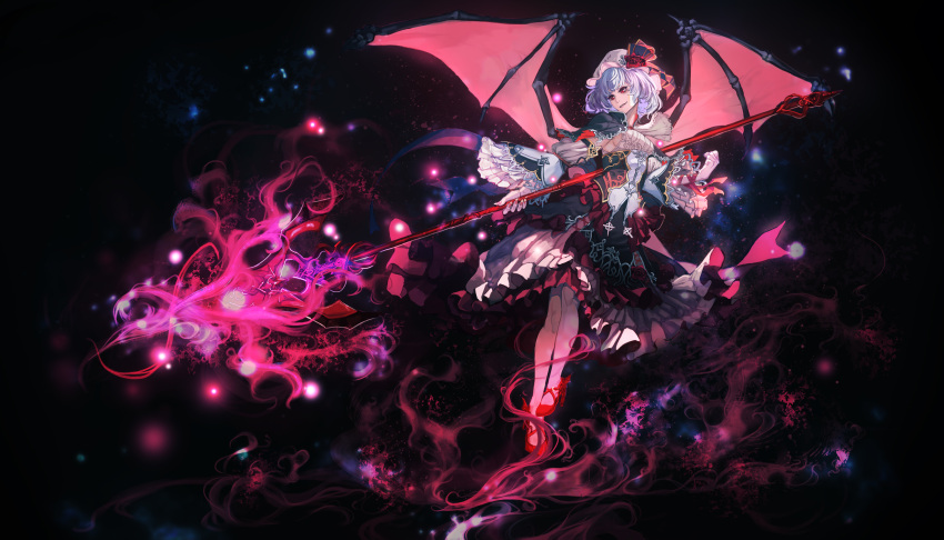 1girl blue_hair da_(dsasd751) dress full_body gothic_lolita highres holding holding_spear holding_weapon lolita_fashion long_sleeves polearm red_eyes red_footwear red_wings remilia_scarlet short_hair solo spear touhou weapon wide_sleeves wings
