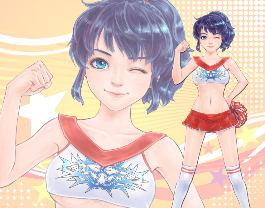 1girl blue_eyes blue_hair breasts cheerleader highres medium_breasts medium_hair midriff navel one_eye_closed original peiyu_zhou pom_poms ponytail smile solo star