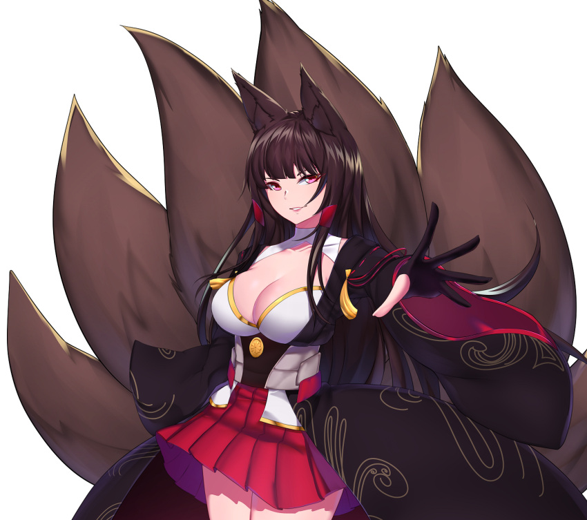 1girl akagi_(azur_lane) animal_ears azur_lane bangs black_gloves black_kimono blunt_bangs breasts cleavage collarbone cowboy_shot fox_ears fox_girl fox_tail gloves hair_tubes hakama_skirt highres japanese_clothes kaiend kimono kitsune large_breasts long_hair miniskirt multiple_tails obi outstretched_arm parted_lips partly_fingerless_gloves red_eyes red_skirt ribbon-trimmed_sleeves ribbon_trim sash shirt simple_background skirt skirt_lift smile solo tail underbust very_long_hair white_background white_shirt wide_sleeves