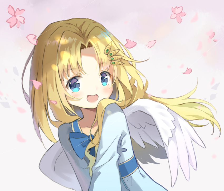 1girl :d absurdres aliter angel_wings bangs blonde_hair blue_bow blue_dress blue_eyes blush bow collarbone commentary_request dress eyebrows_visible_through_hair feathered_wings firo_(tate_no_yuusha_no_nariagari) flower grey_background hair_ornament hairclip highres long_hair looking_at_viewer open_mouth parted_bangs petals pink_flower simple_background smile solo tate_no_yuusha_no_nariagari upper_body white_wings wings