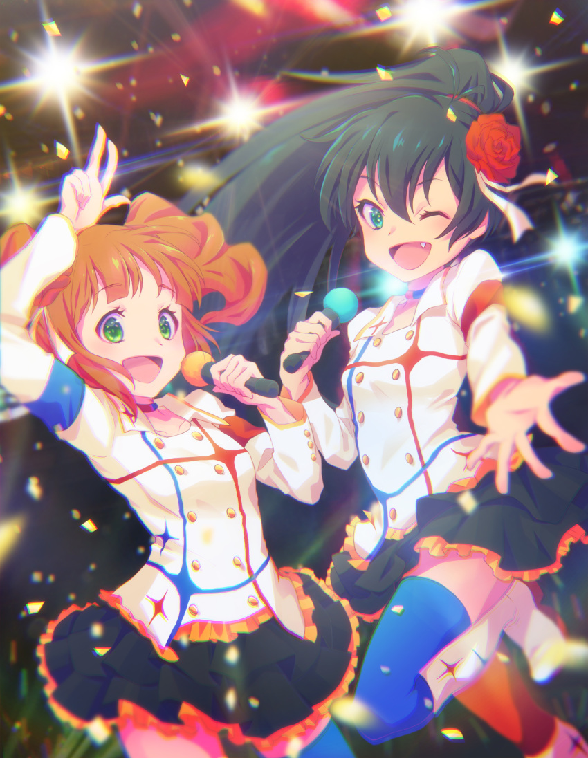 2girls :d ;d absurdres arm_up asymmetrical_legwear black_hair black_skirt blue_legwear brown_hair choker collarbone eriko fang floating_hair flower frilled_skirt frills ganaha_hibiki green_eyes hair_flower hair_ornament hair_ribbon high_ponytail highres holding holding_microphone idolmaster idolmaster_(classic) idolmaster_movie jacket leg_up long_hair long_sleeves looking_at_viewer microphone miniskirt multiple_girls one_eye_closed open_mouth outstretched_arm outstretched_hand pleated_skirt red_flower red_legwear red_rose ribbon rose skirt smile standing standing_on_one_leg starpiece_memories takatsuki_yayoi thigh-highs twintails very_long_hair w white_jacket white_ribbon zettai_ryouiki