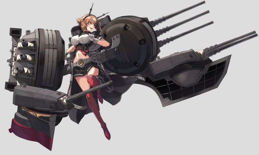 1girl anchor black_jacket black_skirt breasts brown_hair capelet collar commentary full_body gloves green_eyes grey_background headgear jacket kantai_collection large_breasts metal_belt metal_collar midriff miniskirt mutsu_(kantai_collection) navel open_clothes open_jacket open_mouth pleated_skirt red_footwear red_legwear remodel_(kantai_collection) rigging short_hair simple_background skirt solo striped striped_legwear striped_skirt thigh-highs turret white_gloves yashiro_(silver_will)