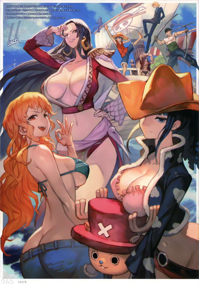 3girls 6+boys :d ^_^ absurdres artist_name bikini_top black_hair blue_eyes blue_sky boa_hancock breasts brook brown_eyes butt_crack cleavage closed_eyes closed_eyes closed_mouth clouds cowboy_hat day earrings franky green_bikini_top hand_on_hip hat highres holding holding_sword holding_weapon jewelry katana lack large_breasts long_hair midriff monkey_d_luffy multiple_boys multiple_girls navel nico_robin one_piece open_mouth orange_eyes orange_hair red_headwear roronoa_zoro sanji short_hair sky smile straw_hat sword time_paradox tony_tony_chopper usopp weapon