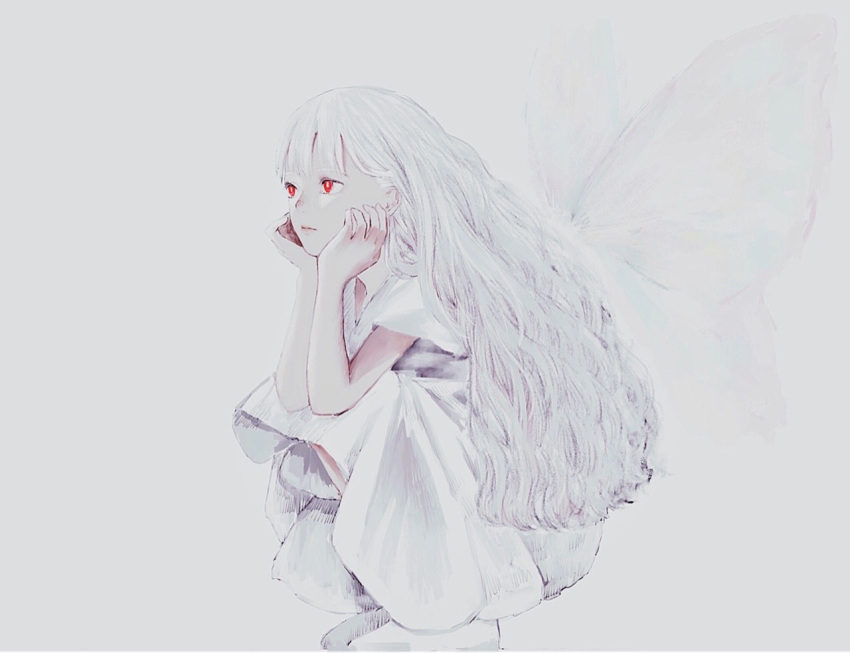 1girl bangs butterfly_wings dress expressionless grey_background head_rest long_hair original red_eyes shirone_(coxo_ii) short_sleeves simple_background solo squatting white_dress white_hair wings