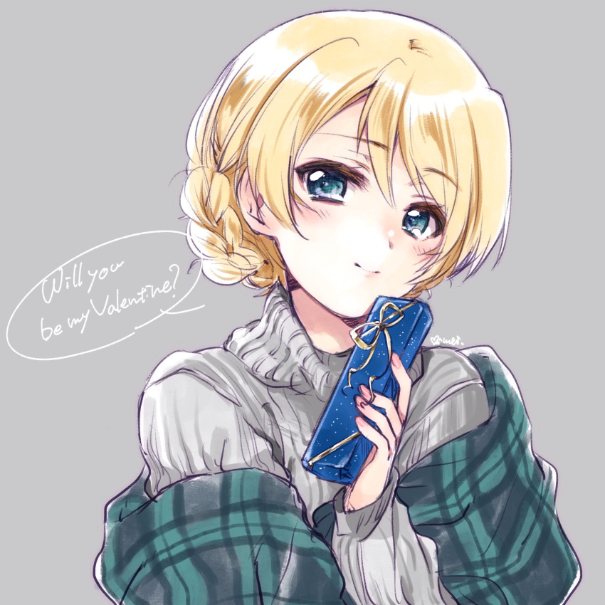 1girl artist_name bangs blonde_hair blue_eyes braid casual closed_mouth commentary darjeeling english_text eyebrows_visible_through_hair gift girls_und_panzer grey_sweater head_tilt highres holding holding_gift kuroi_mimei light_blush looking_at_viewer ribbed_sweater shawl short_hair signature sketch smile solo sweater tied_hair turtleneck upper_body valentine