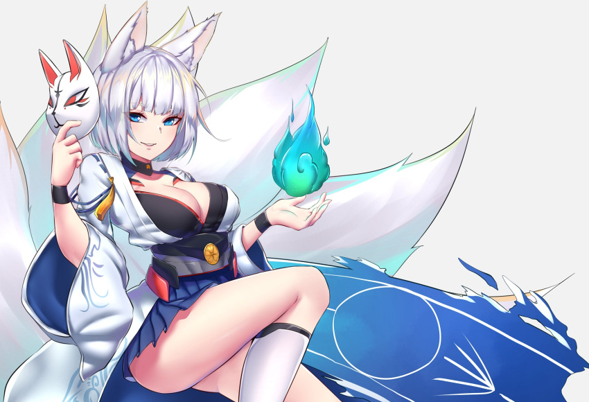 1girl animal_ears ass azur_lane bangs black_kimono black_shirt blue_fire blue_skirt blunt_bangs breasts cleavage eyebrows_visible_through_hair fire fox_ears fox_girl fox_mask fox_tail hakama_skirt highres hitodama holding holding_mask invisible_chair japanese_clothes kaga_(azur_lane) kaiend kimono kitsune kneehighs large_breasts looking_at_viewer mask microskirt multiple_tails parted_lips pleated_skirt ribbon-trimmed_sleeves ribbon_trim shirt sitting skirt smile solo tail white_background white_hair white_kimono white_legwear wide_sleeves wristband