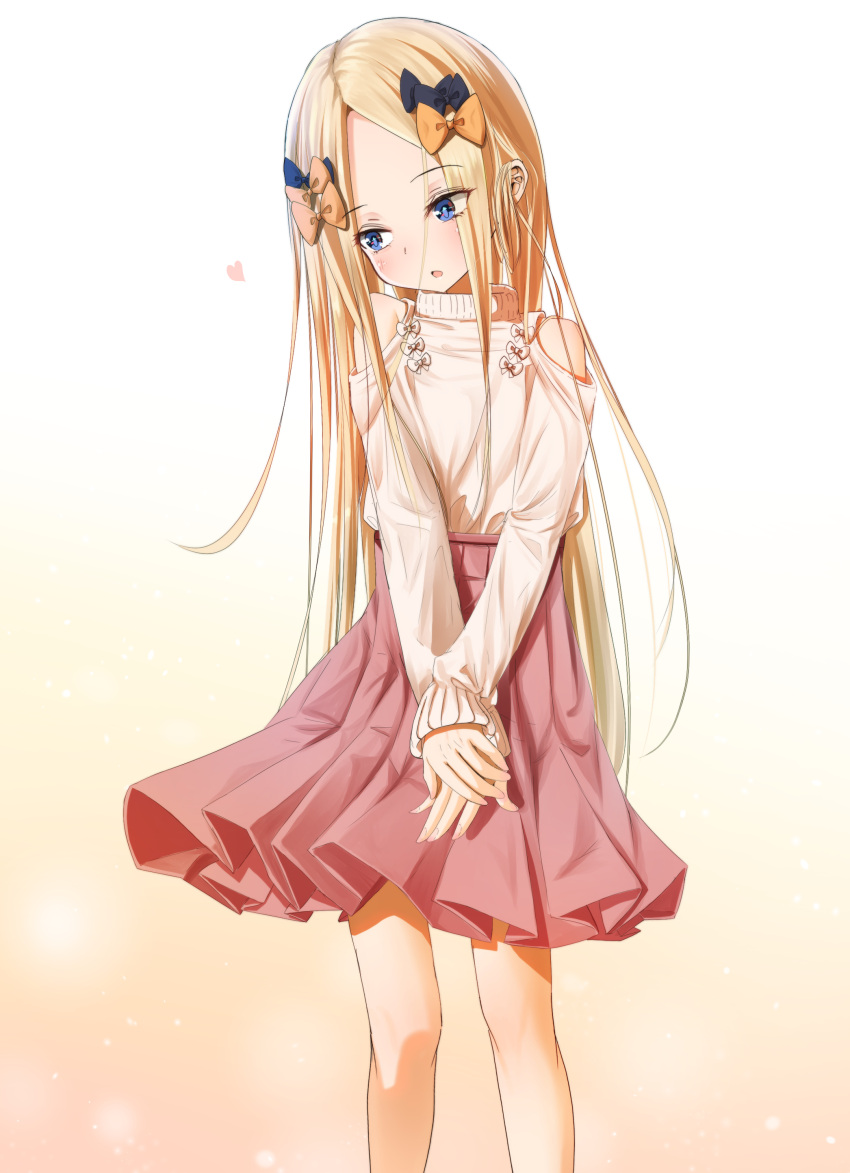 1girl abigail_williams_(fate/grand_order) absurdres alternate_costume bangs black_bow blonde_hair blue_eyes blush bow brown_background commentary_request eyebrows_visible_through_hair fate/grand_order fate_(series) fingernails forehead gradient gradient_background hair_bow hands_together heart highres long_hair long_sleeves looking_away looking_to_the_side nail_polish orange_bow own_hands_together parted_bangs parted_lips pink_nails pink_skirt pleated_skirt sakazakinchan shoulder_cutout skirt sleeves_past_wrists solo sweater very_long_hair white_background white_bow white_sweater