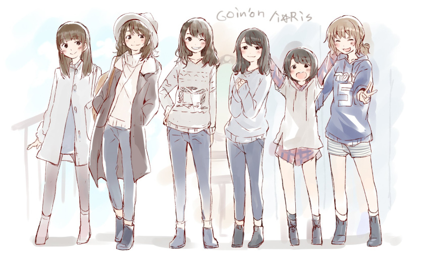 6+girls :d \o/ ^_^ akaneya_himika arms_up bag bangs black_coat black_eyes black_footwear black_hair black_legwear blue_footwear blue_hoodie boots brown_footwear brown_hair closed_eyes clothes_writing commentary_request denim earphones grey_coat grey_headwear grey_hoodie grin group_name hand_on_hip hands_in_hair hands_together highres hood hood_down iris_(band) jeans kubota_miyu long_hair long_sleeves multiple_girls one_eye_closed open_mouth outstretched_arms pants pantyhose plaid plaid_shirt ponytail real_life seiyuu serizawa_yuu shibuya_azuki shirt short_hair shorts shoulder_bag smile song_name standing striped striped_shorts sweater taneda_yuuta v wakai_yuuki yamakita_saki