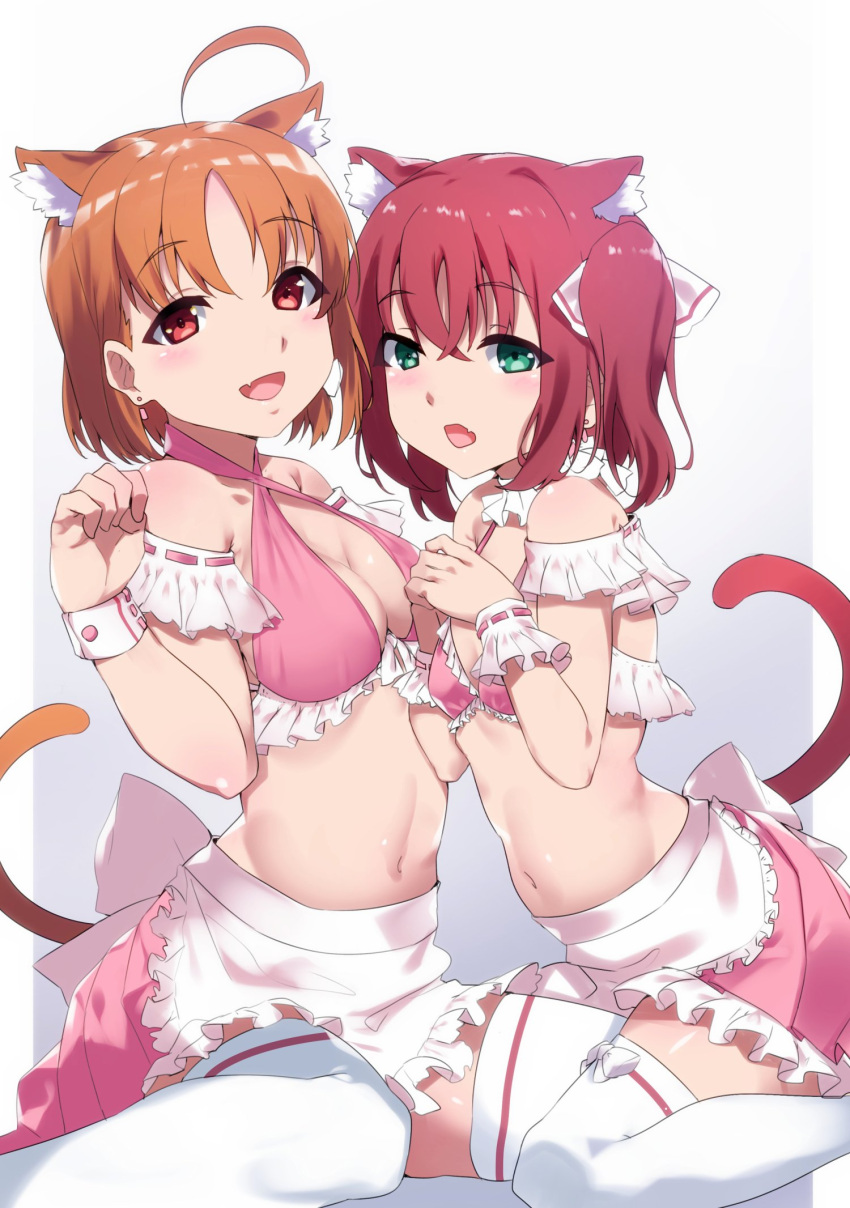 2girls :d :o ahoge animal_ear_fluff animal_ears apron back_bow bangs blush bow breasts cat_ears cat_tail commentary_request detached_sleeves earrings fang frilled_bikini_top frills gradient gradient_background green_eyes halterneck hands_up highres jewelry kemonomimi_mode kurosawa_ruby leg_between_thighs looking_at_viewer love_live! love_live!_sunshine!! medium_breasts miniskirt multiple_girls navel open_mouth orange_hair paw_pose pink_bikini_top pink_skirt red_eyes redhead ribbon-trimmed_sleeves ribbon_trim short_hair sidelocks sitting skirt small_breasts smile stomach tail takami_chika thigh-highs twintails waist_apron white_apron white_legwear wrist_cuffs yamaori_(yamaorimon)