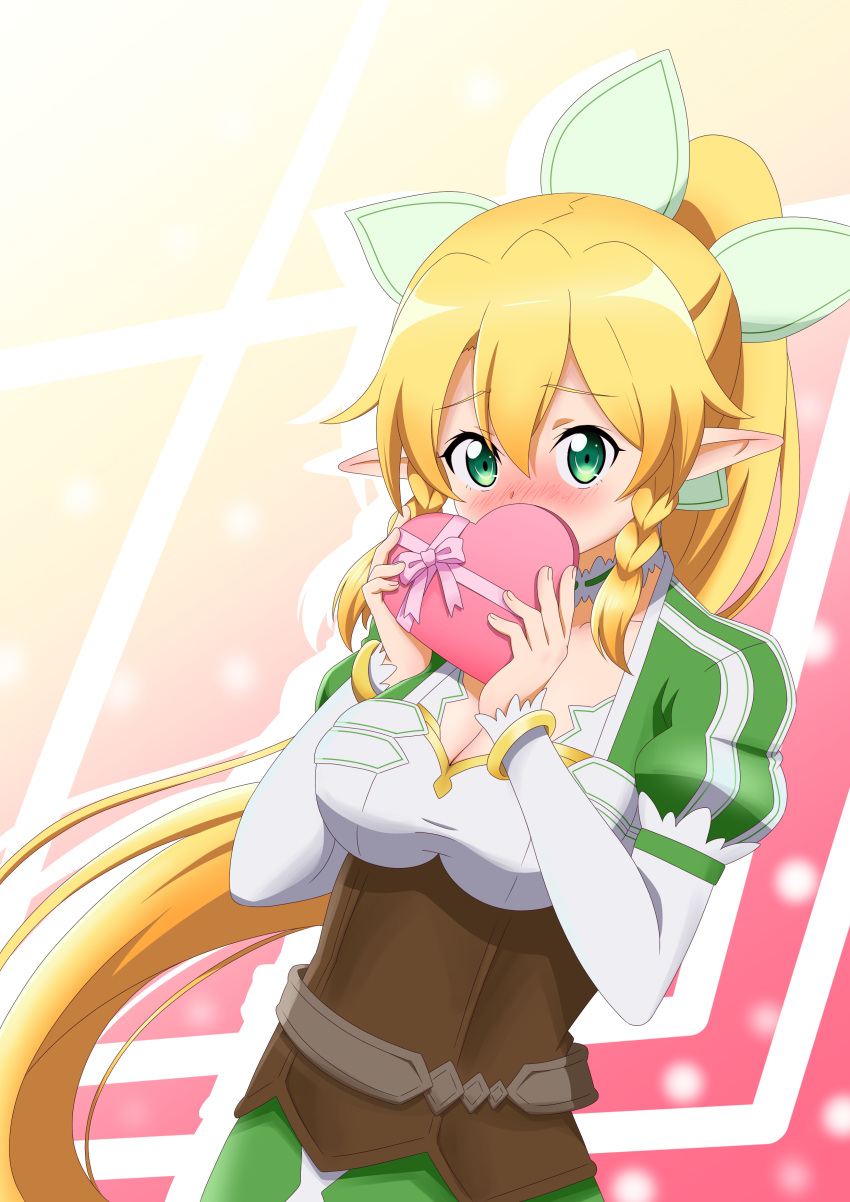 1girl absurdres blonde_hair blush braid breasts cleavage dress eyebrows_visible_through_hair freekenji422 green_dress green_eyes hair_between_eyes hair_ornament highres holding holding_heart large_breasts leafa long_hair long_sleeves looking_at_viewer pink_heart pink_ribbon pointy_ears ponytail puffy_sleeves ribbon solo sword_art_online twin_braids valentine very_long_hair