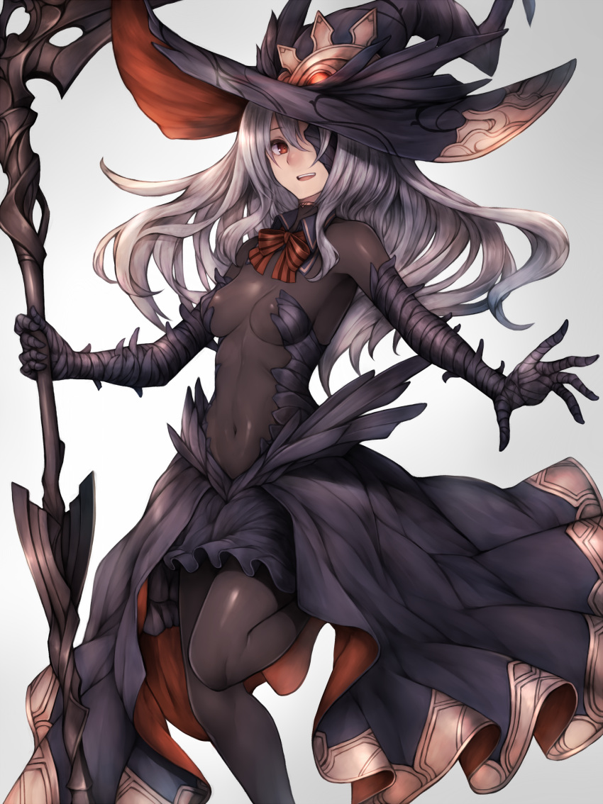 1girl arm_wrap bangs black_bodysuit black_dress black_legwear blush bodysuit bow bowtie breasts center_opening covered_navel detached_collar dress eyepatch glowing grey_background grey_hair hat highres holding holding_scythe holding_weapon inaba_sunimi leg_up long_hair looking_at_viewer medium_breasts open_mouth original pantyhose red_eyes red_neckwear scythe sidelocks simple_background smile solo weapon witch_hat