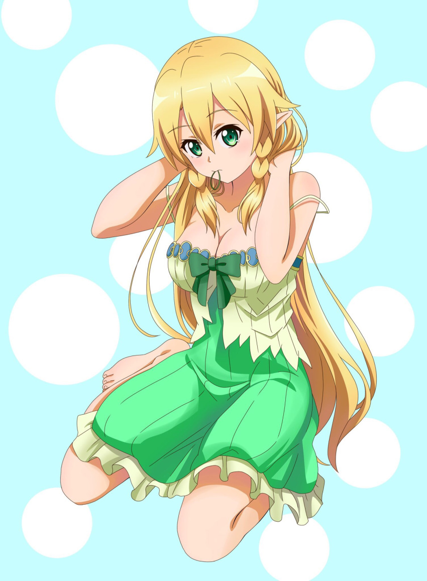 1girl bare_arms bare_shoulders barefoot blonde_hair bow braid breasts camisole cleavage collarbone commentary_request eyebrows_visible_through_hair freekenji422 green_bow green_camisole green_eyes hair_between_eyes hair_down hair_tie highres kneeling large_breasts leafa long_hair looking_at_viewer mouth_hold off_shoulder pointy_ears sleeveless solo sword_art_online twin_braids very_long_hair