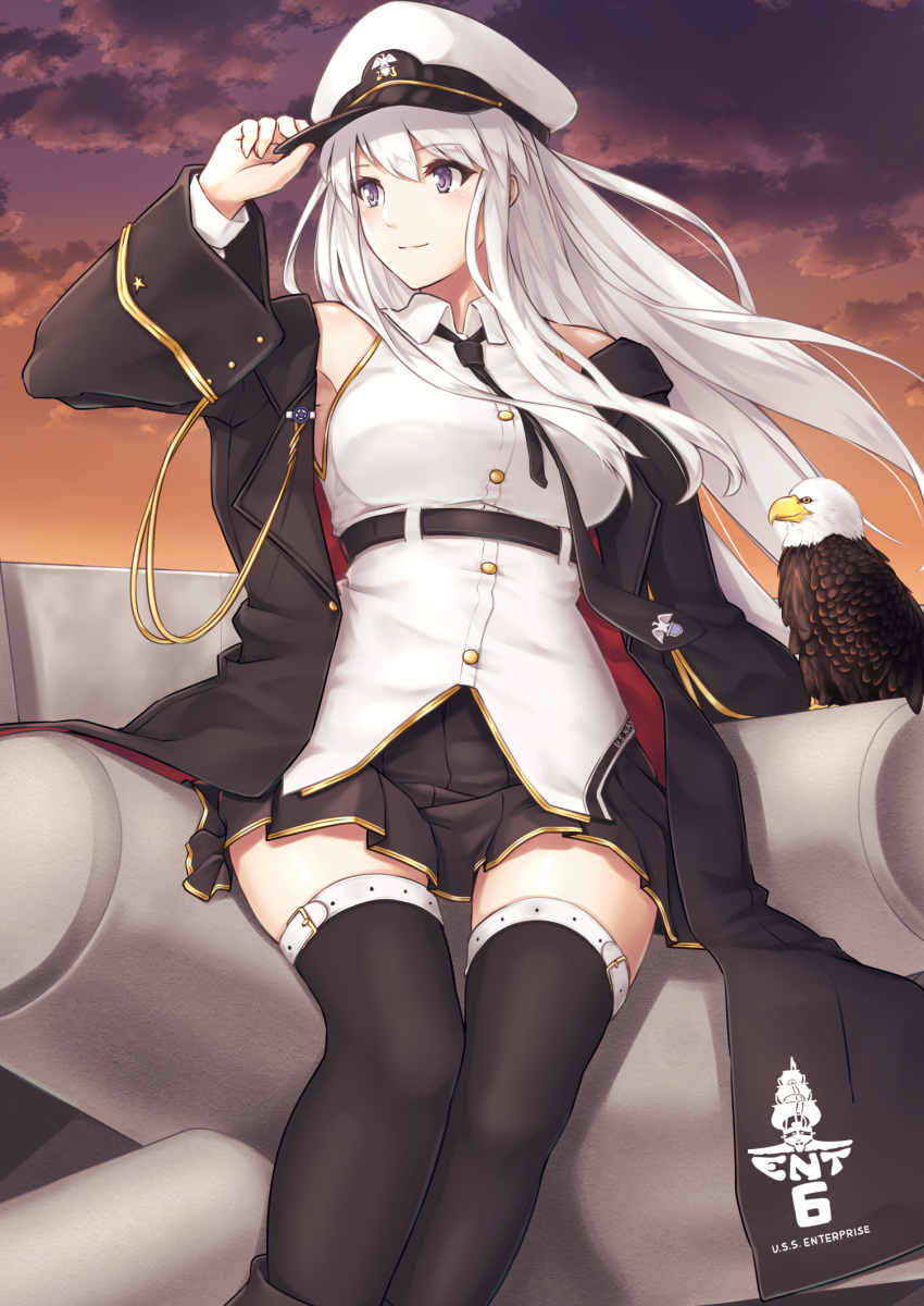 1girl azur_lane bald_eagle belt bird black_belt black_coat black_neckwear breasts clouds cloudy_sky coat collared_shirt commentary concrete eagle enchuu enterprise_(azur_lane) eyebrows_visible_through_hair feet_out_of_frame hat highres large_breasts long_hair military military_hat miniskirt necktie open_clothes open_coat orange_sky peaked_cap shirt shore silver_hair skirt sky sleeveless sleeveless_shirt solo tetrapod thigh-highs underbust violet_eyes wall white_headwear