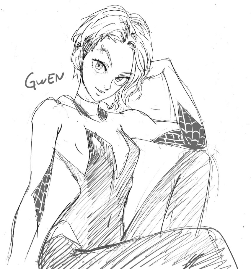 1girl adjusting_hair asymmetrical_hair bodysuit character_name covered_navel eyebrow_piercing greyscale gwen_stacy head_tilt highres hood hood_down looking_at_viewer marvel monochrome murata_yuusuke parted_lips piercing short_hair sidecut simple_background sitting sketch skin_tight smile solo spider-gwen spider-man:_into_the_spider-verse spider-man_(series) spider_web_print superhero upper_body white_background