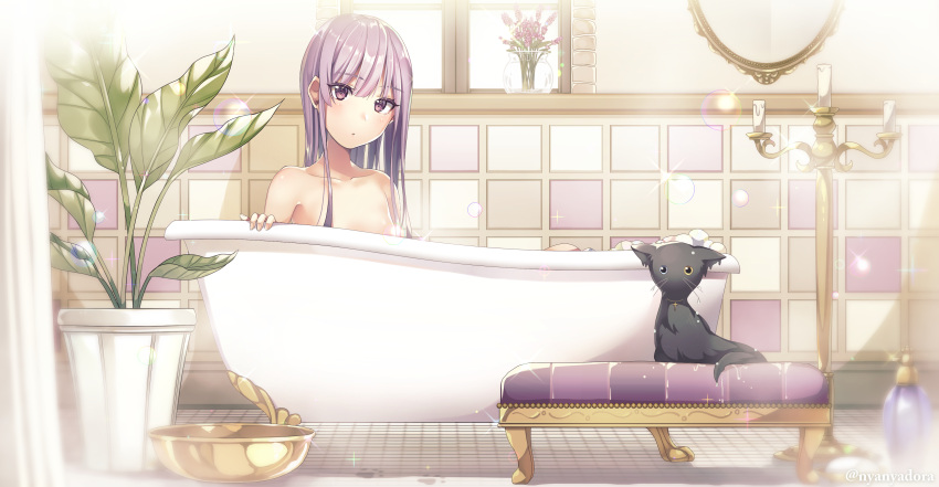 1girl absurdres anotherxalice artist_name bare_shoulders bath bathing bathtub bowl bubble candlestand cat flower heterochromia highres indoors long_hair looking_at_viewer mirror nyasunyadoora plant potted_plant purple_hair solo tile_floor tiles vase violet_eyes window