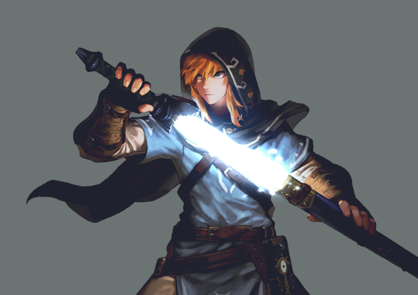 1boy absurdres blonde_hair blue_eyes glowing hat highres holding holding_sword holding_weapon jun_(seojh1029) link long_hair male_focus master_sword nintendo pointy_ears solo sword the_legend_of_zelda the_legend_of_zelda:_breath_of_the_wild weapon