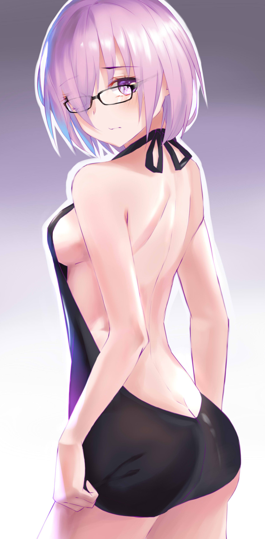 1girl :s absurdres amaroku_neko ass bag black-framed_eyewear blush breasts butt_crack dimples_of_venus fate/grand_order fate_(series) female_ass hair_over_one_eye highres looking_at_viewer mash_kyrielight meme_attire no_bra no_panties purple_hair short_hair shoulder_bag sideboob solo violet_eyes virgin_killer_sweater white_background