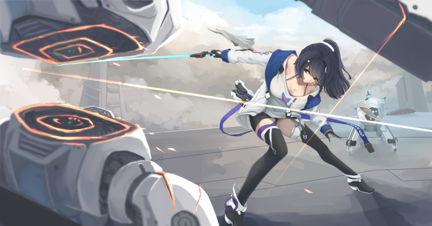 1girl aircraft airplane black_eyes black_gloves black_legwear breasts collarbone day eyebrows_visible_through_hair facing_viewer fighter_jet fighting fighting_stance gloves hair_ornament highres holding holding_sword holding_weapon honkai_(series) honkai_impact_3 jacket jet katana kikivi large_breasts leaning_forward long_hair looking_back military military_vehicle open_clothes open_jacket outdoors ponytail raiden_mei raiden_mei_(striker_fulminata) robot solo sword thigh-highs weapon