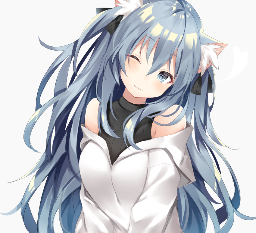 1girl animal_ear_fluff animal_ears black_ribbon black_shirt blue_eyes blue_hair cat_ears closed_mouth grey_jacket hair_ribbon head_tilt highres hood hooded_jacket jacket komomo_(ptkrx) long_hair long_sleeves looking_at_viewer off_shoulder one_eye_closed original ribbed_shirt ribbon shirt simple_background sleeveless sleeveless_shirt smile solo two_side_up upper_body white_background