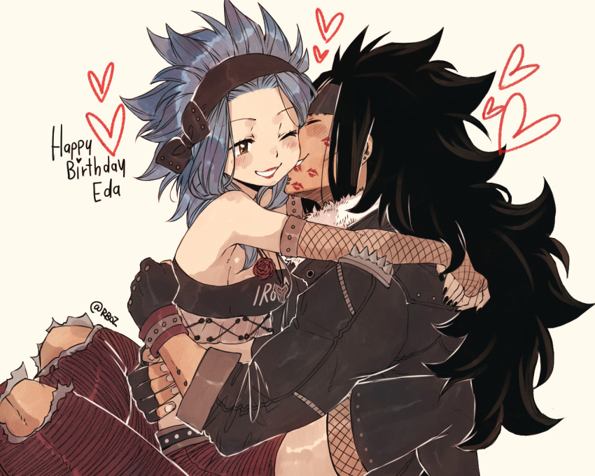 1boy 1girl ;d arm_piercing black_bow black_gloves black_hair black_headband black_jacket black_legwear black_nails blue_hair bow breasts brown_eyes cheek_kiss closed_eyes crop_top detached_sleeves ear_piercing fairy_tail fingerless_gloves fishnet_sleeves gajeel_redfox girl_on_top gloves grin hair_bow happy_birthday heart hug jacket kiss levy_mcgarden long_hair long_sleeves medium_breasts nail_polish one_eye_closed open_mouth pants piercing red_pants red_shorts rusky shiny shiny_hair shiny_skin short_shorts shorts sideboob simple_background sitting sitting_on_person smile spiky_hair strapless striped striped_pants striped_shorts thigh-highs torn_clothes torn_pants twitter_username very_long_hair white_background