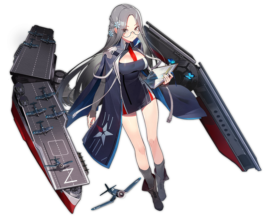 1girl ^_^ aircraft azur_lane bangs black_footwear blue_cloak blush book boots braid breasts bug butterfly cleavage_cutout cloak closed_eyes closed_eyes closed_mouth collared_dress cross-laced_footwear doitsu_no_kagaku dress eyebrows_visible_through_hair flight_deck floating_hair french_braid full_body glasses grey_eyes grey_hair grey_legwear hair_ornament holding holding_book insect lace-up_boots large_breasts long_hair long_sleeves looking_at_viewer necktie official_art red_neckwear ribbed_sleeves rigging round_eyewear semi-rimless_eyewear shangri-la_(azur_lane) short_dress sidelocks silver-framed_eyewear snowflake_hair_ornament socks solo