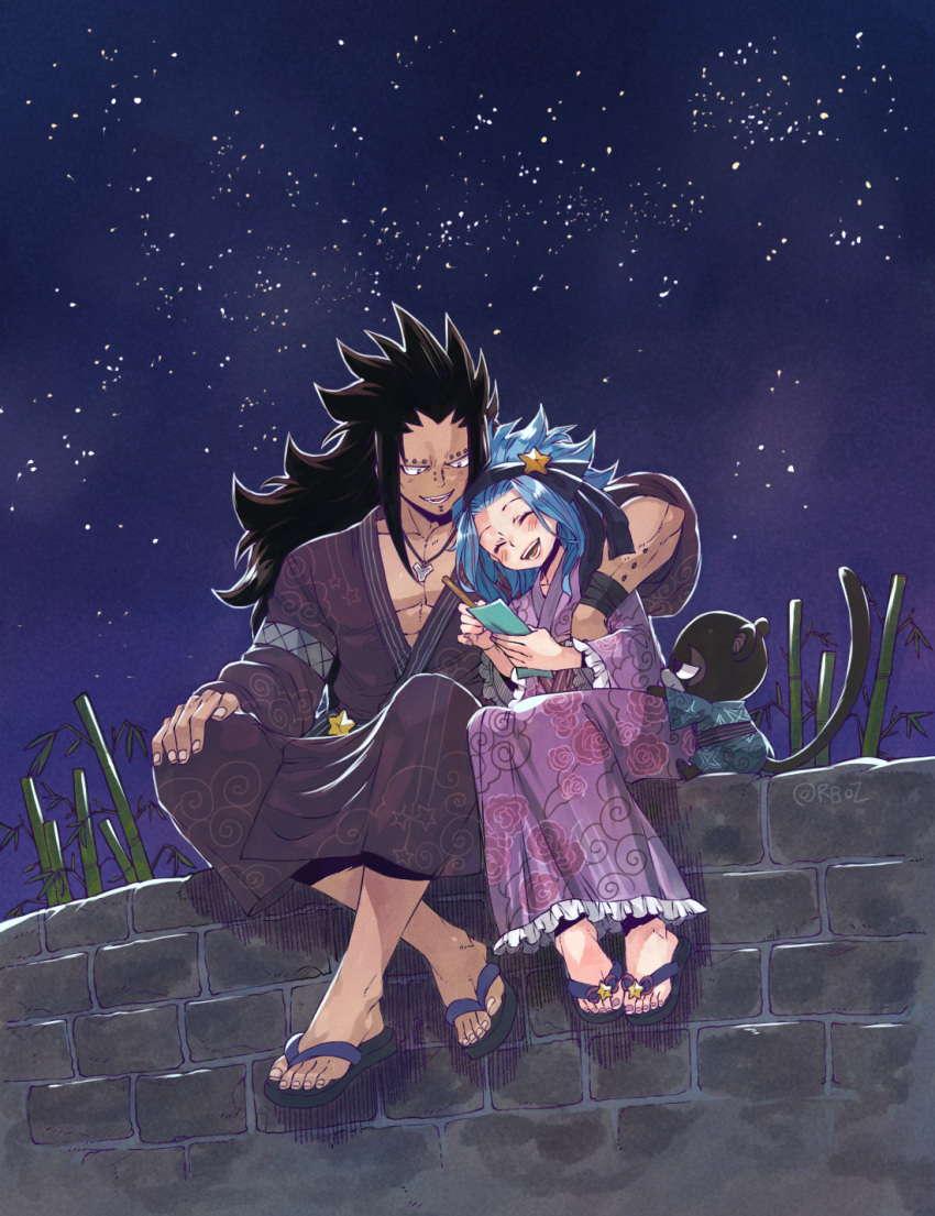 1boy 1girl :d black_hair blue_hair brown_kimono chin_piercing closed_eyes cloud_print collarbone ear_piercing fairy_tail floral_print frilled_kimono frills full_body gajeel_redfox hair_ornament head_tilt highres holding japanese_clothes jewelry kimono levy_mcgarden long_hair nail_polish necklace night nose_piercing open_mouth outdoors pantherlily piercing pink_nails print_kimono purple_kimono rusky sky smile spiky_hair star star_(sky) star_hair_ornament starry_sky toenail_polish twitter_username very_long_hair