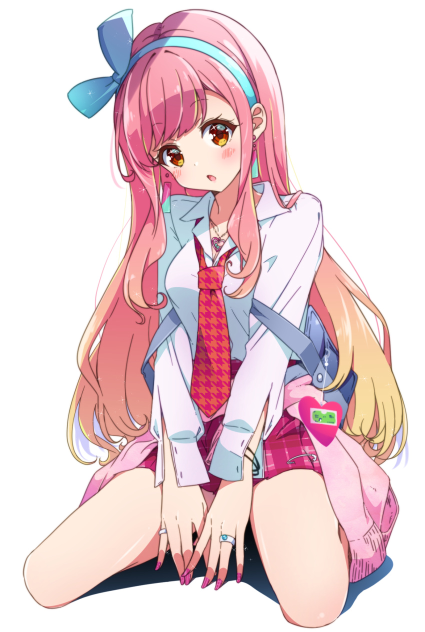 1girl :o aikatsu!_(series) aikatsu_friends! bag bangs blue_bow blush bokkun_(doyagaobyo) bow bracelet breast_squeeze breasts brown_eyes cardigan clothes_around_waist collared_shirt commentary_request earrings eyebrows_visible_through_hair fashion gradient_hair gyaru hair_bow hairband heart heart_necklace highres jewelry kogal long_hair long_sleeves looking_at_viewer loose_necktie medium_breasts multicolored_hair nail_art nail_polish necktie open_mouth orange_hair pin pink_hair plaid plaid_skirt pleated_skirt ring school_bag school_uniform seiza shirt shoulder_bag simple_background sitting skirt solo sparkle sparkling_eyes swept_bangs unbuttoned unbuttoned_shirt unbuttoned_sleeves white_background yuuki_aine
