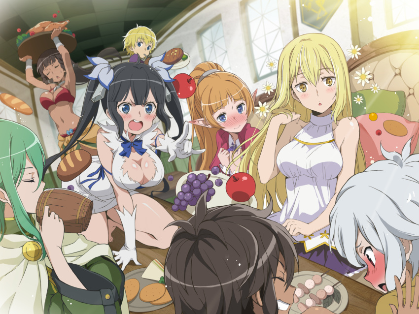 2boys 6+girls absurdres aiz_wallenstein apple bare_shoulders barefoot bell_cranel biscuit black_hair blonde_hair blue_eyes blue_ribbon blush bread breasts brown_hair cape character_request chicken_(food) cleavage cleavage_cutout commentary_request cup dark_skin dress dungeon_ni_deai_wo_motomeru_no_wa_machigatteiru_darou_ka eina_tulle elf food fruit gloves grapes green_hair hamburger_steak hestia_(danmachi) highres holding holding_cup holding_plate jewelry large_breasts long_hair looking_at_another m2_(guvn5745) medium_breasts midriff multiple_boys multiple_girls navel necklace official_style on_table open_mouth plate pointing pointing_finger pointy_ears ponytail red_eyes rei_no_himo ribbon sandwich short_hair sitting table tiona_hyryute tione_hyryute twintails v-shaped_eyebrows white_dress white_gloves white_hair yellow_eyes