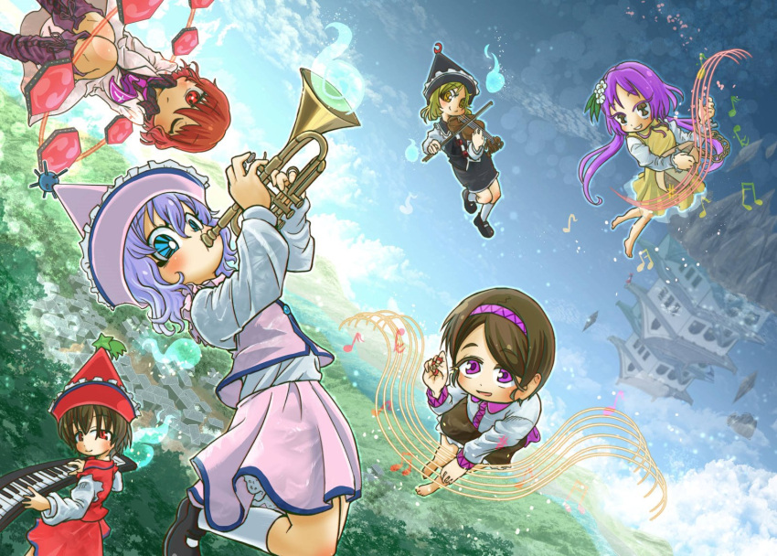 6+girls architecture blonde_hair blue_eyes brown_hair castle chamaji collared_shirt drum east_asian_architecture floating_hair forest hat highres hitodama horikawa_raiko instrument jacket low_twintails lunasa_prismriver lyrica_prismriver merlin_prismriver multiple_girls musical_note nature one_eye_closed outdoors piano purple_hair red_eyes redhead shirt shoes short_hair silver_hair skirt socks touhou trumpet tsukumo_benben tsukumo_yatsuhashi twintails vest violet_eyes violin