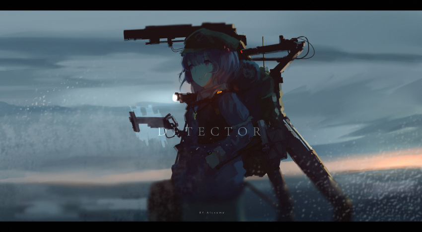 1girl alcxome alternate_eye_color artist_name backpack bag bangs blue_hair blunt_bangs blurry blurry_background blurry_foreground blush cabbie_hat clouds cloudy_sky coat commentary cowboy_shot dark english_commentary english_text flashlight fog gloves glowing grey_sky hat highres holographic_keyboard kawashiro_nitori key laser_sight letterboxed light_particles long_sleeves looking_afar morning radio_antenna science_fiction short_hair sky solo sunrise touhou violet_eyes water