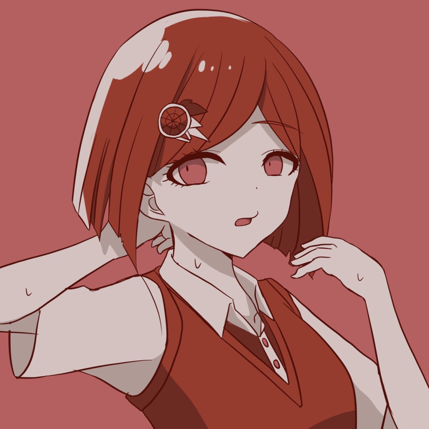 1girl alternate_costume arm_behind_head blazer bob_cut commentary_request dangan_ronpa dot_nose eyebrows_visible_through_hair hair_ornament hairclip highres jacket looking_to_the_side new_dangan_ronpa_v3 piatin red_background red_eyes red_sweater redhead school_uniform shirt short_hair simple_background solo sweatdrop sweater sweater_vest white_shirt yumeno_himiko